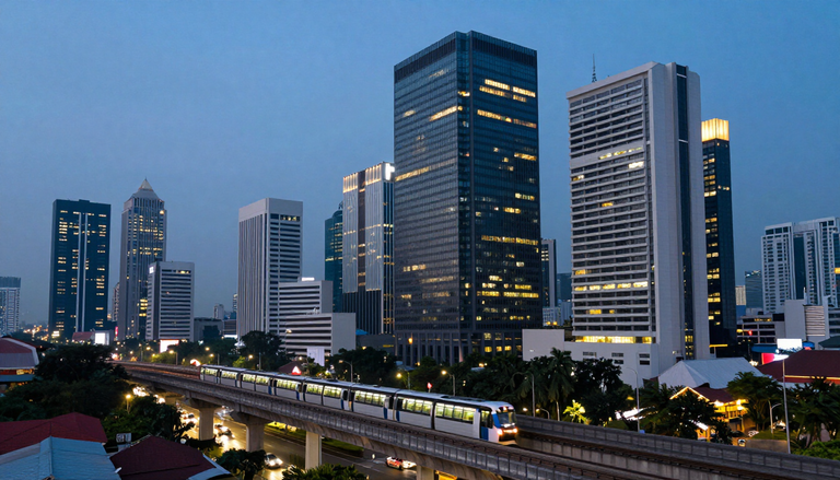 Panorama gedung dan jalur kereta di Jakarta saat senja
