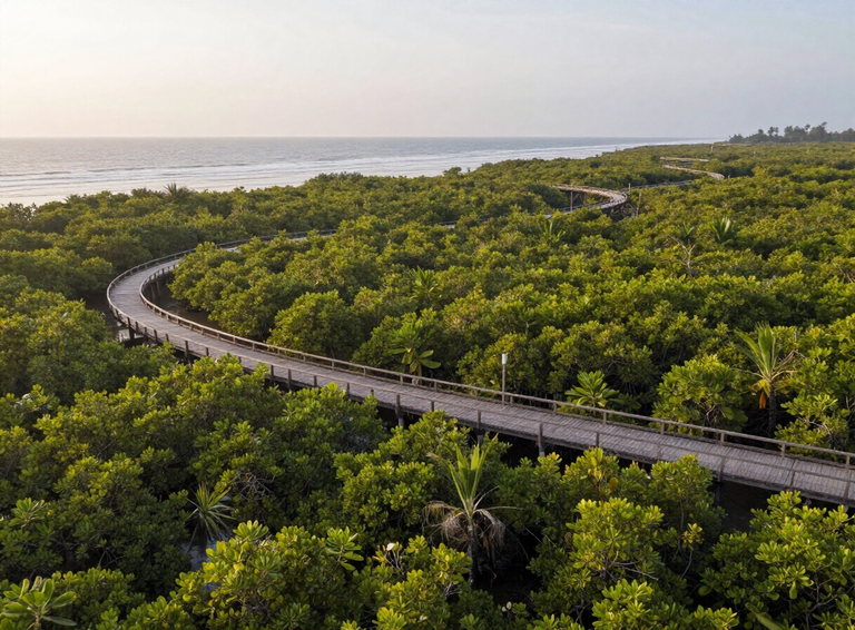 Hutan mangrove dan jalan setapak di pesisir Indonesia